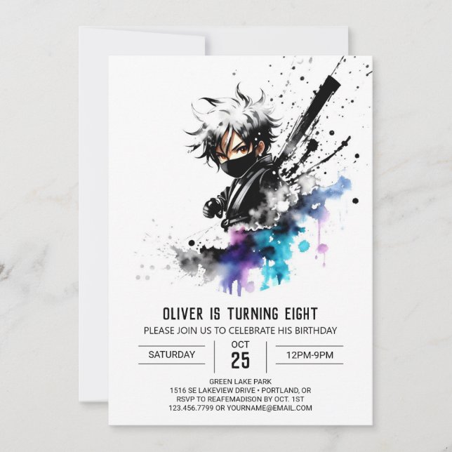 Invitation Imaginaire pourpre Ninja Boy NBirthday numérique (Devant)