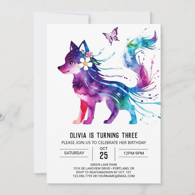 Invitation Imaginaire rose Wolf Digital Girl Anniversaire (Devant)
