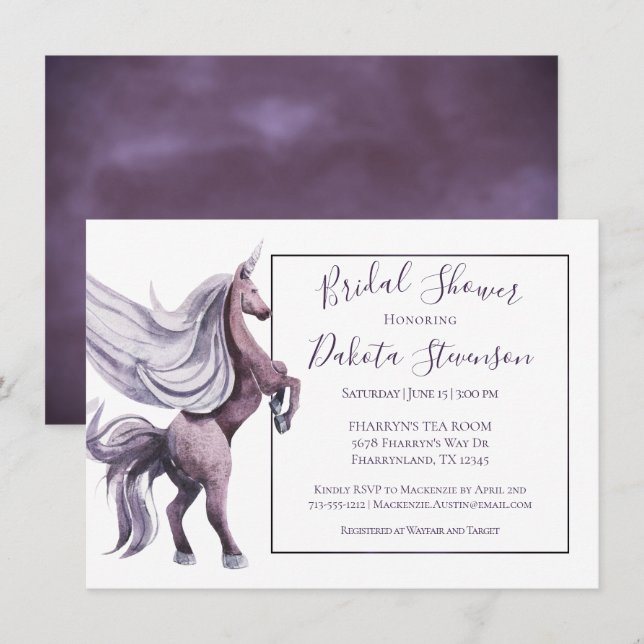 Invitation Imaginaire Unicorn | Douche Magique couleur violet (Devant / Derrière)