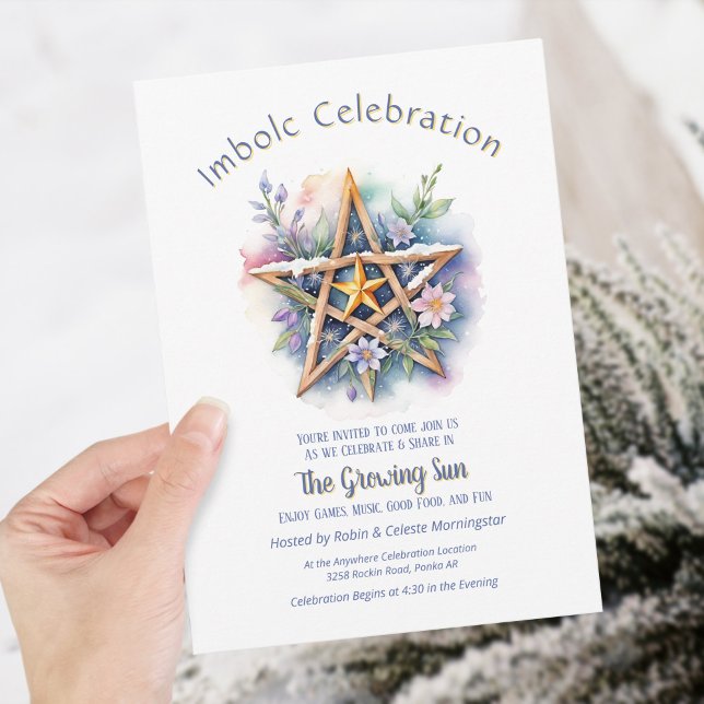 Invitation Imboly Floral Snowy Pentacle Purple Wiccan Holiday (Imbolc Floral Snowy Pentacle Purple Wiccan Holiday Invitation)