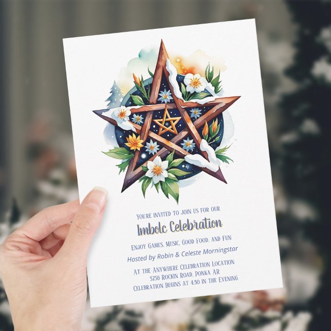 Invitation Imboly Floral Snowy Pentacle Wiccan Holiday (Imbolc Floral Snowy Pentacle Wiccan Holiday Invitation)