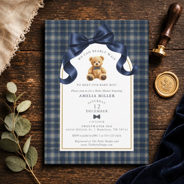 Invitation Impossible d'attendre Plaid Polo Teddy Bear Baby S (Can Bearly Wait Plaid Polo Teddy Bear Baby Shower Invitation)