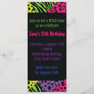 Invitation Impression Animale Néon Colorée Fête Zèbre Léopard