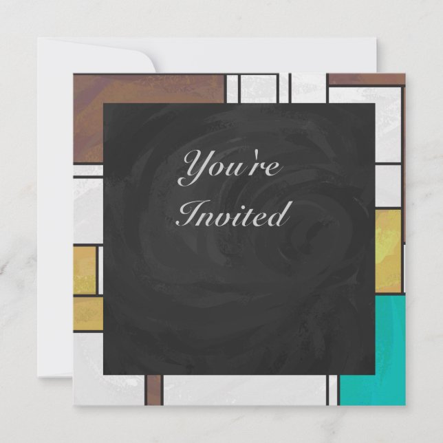 Invitation Impression Brown jaune Turquoise Mondrial (Devant)