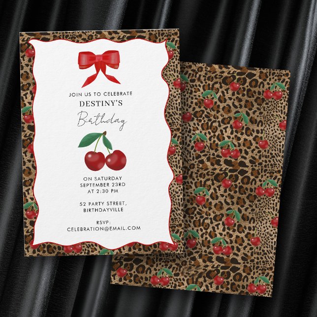Invitation Impression d'animal Léopard Guépard Fille Cherry A (Leopard Cheetah Animal Print Cherry Girl Birthday Invitation)