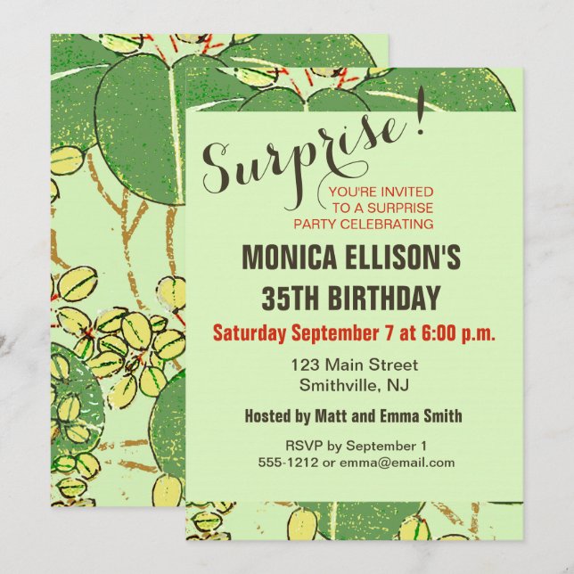 Invitation Impression de bloc de bois de feuille verte botani (Devant / Derrière)