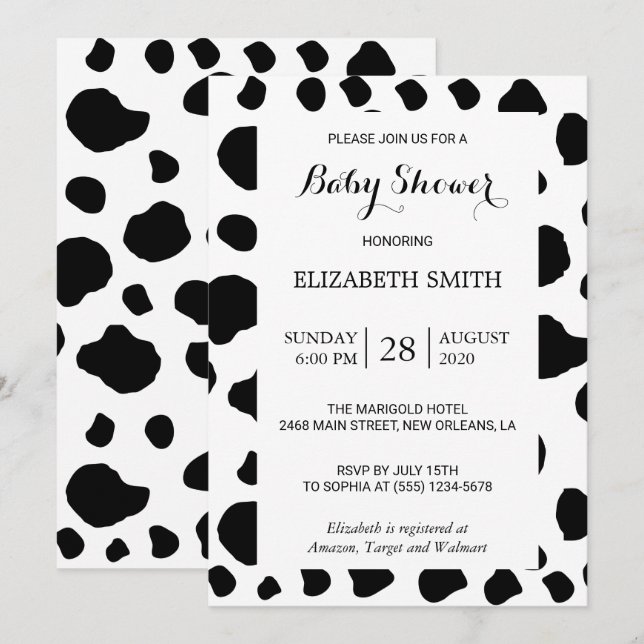 Invitation Impression De Vache, Spots De Vache, Noir Et Blanc (Devant / Derrière)