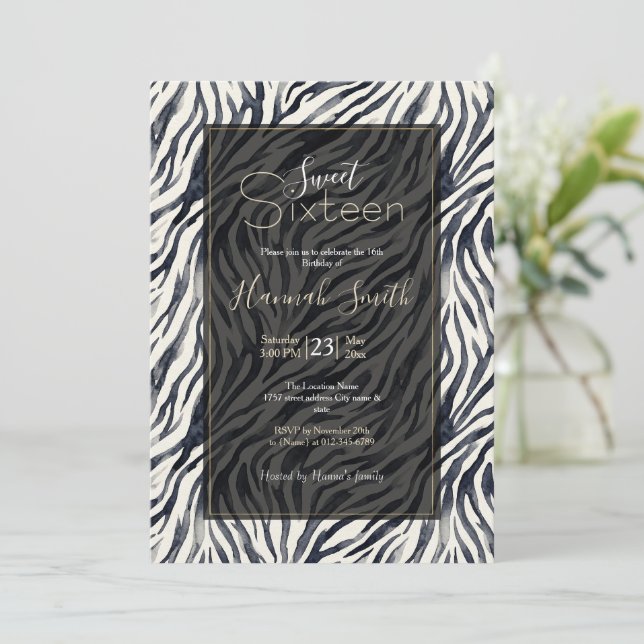 Invitation Impression de zèbre noir et blanc pour Sweet Sixte (Debout devant)