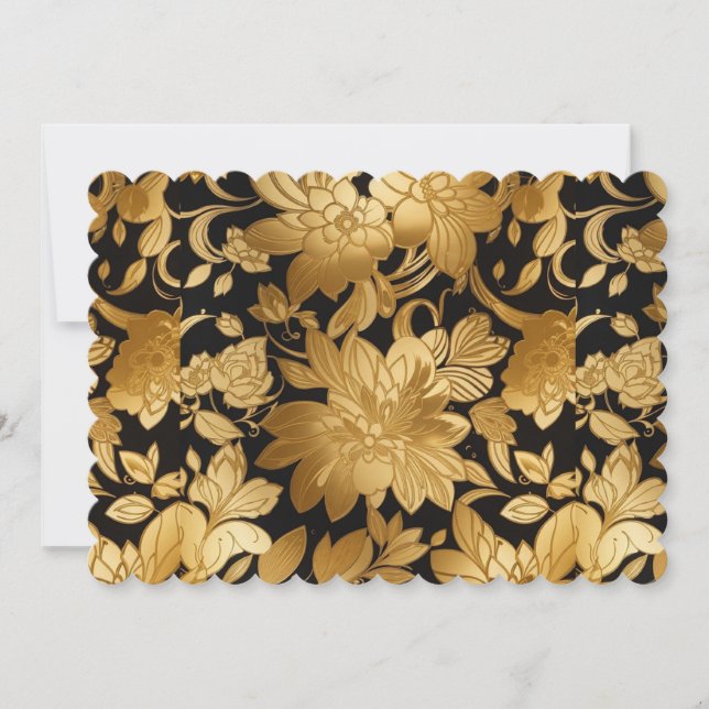 Invitation Impression florale dorée de luxe sur fond noir  (Devant)