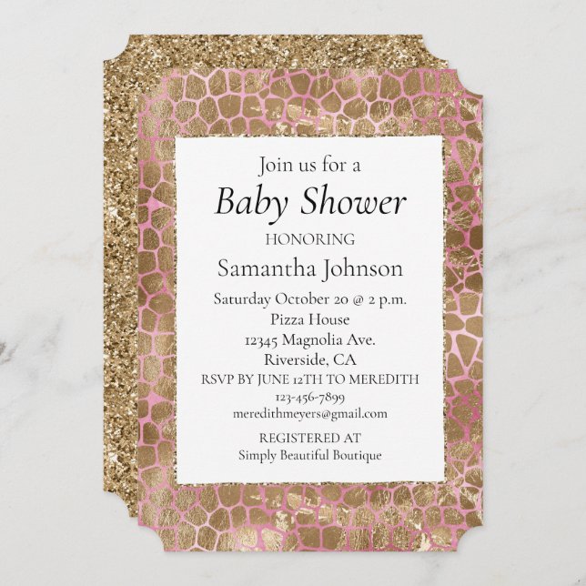 Invitation Impression Girl Rose Gold Giraffe (Devant / Derrière)