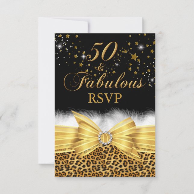 Invitation Impression léopard doré & Nœud 50 & Fabuleux RSVP (Devant)