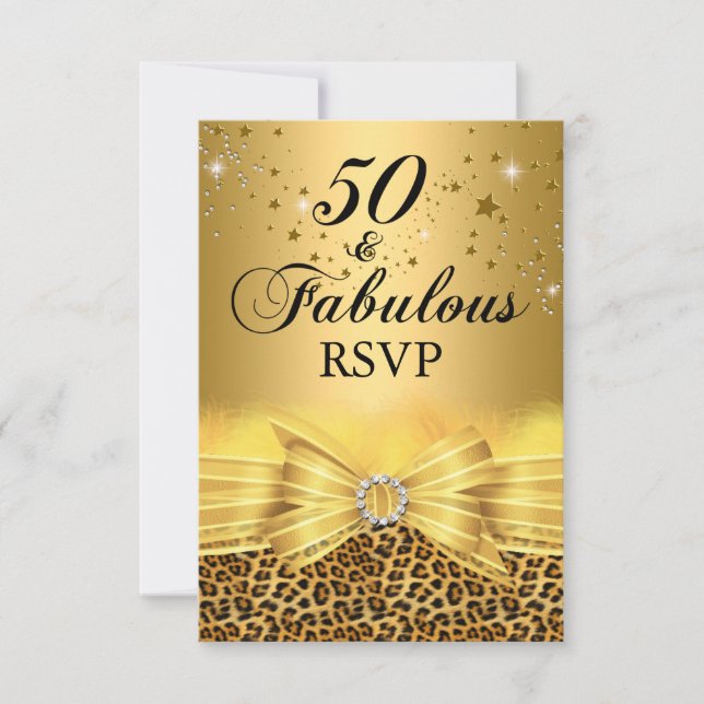 Invitation Impression léopard et nœud 50 et fabuleux RSVP or (Devant)