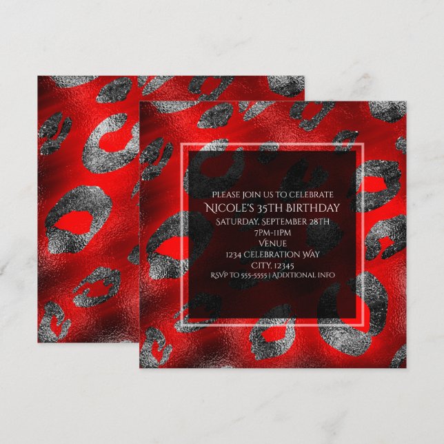 Invitation Impression léopard rouge et argent Glamour Party (Devant / Derrière)