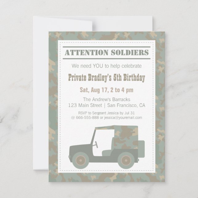 Invitation Impression militaire de camouflage Fête d'annivers (Devant)