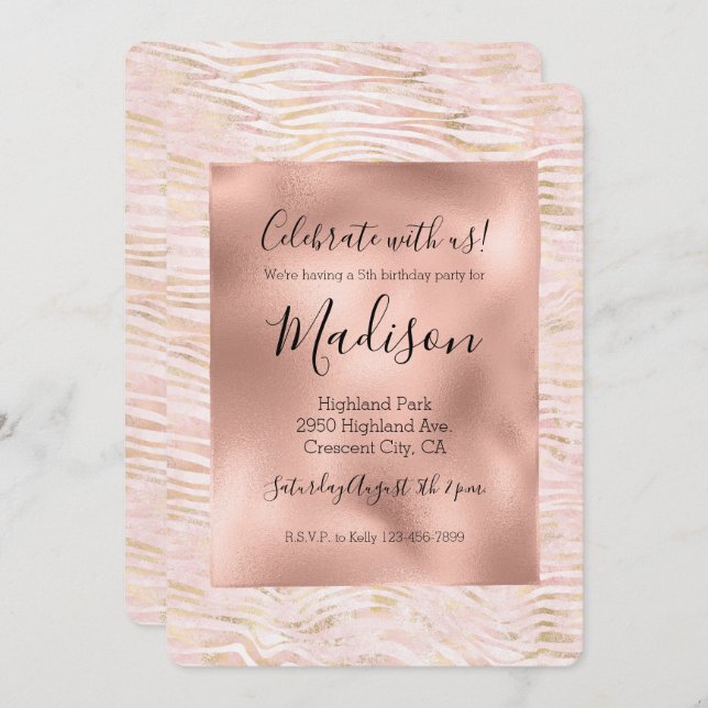 Invitation Impression Zebra Or Glam Rose (Devant / Derrière)