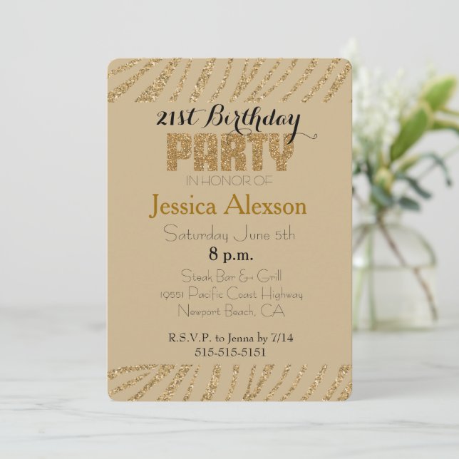 Invitation Impression zèbre or crème Paillettes Faux 21e Anni (Debout devant)