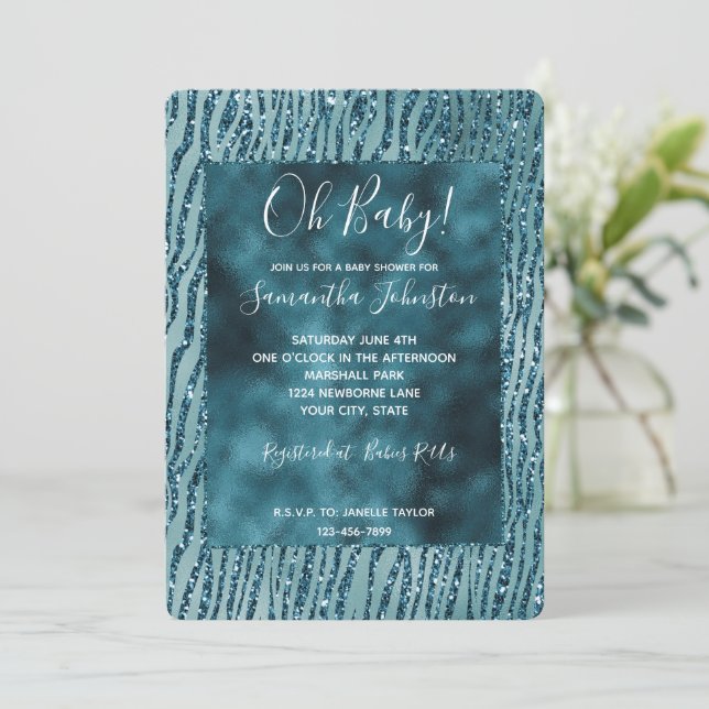 Invitation Impression zèbre pailletée turquoise aqua (Debout devant)