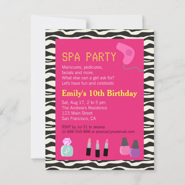 Invitation Impression Zèbre, Soirée Spa, Pour Filles (Devant)