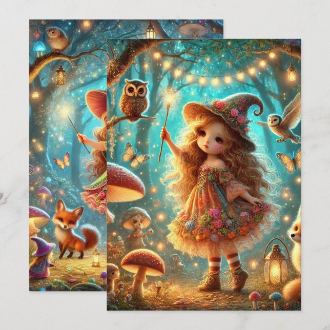 Invitation Imprimable jolie sorcière lunaire Forêt magique (Devant / Derrière)