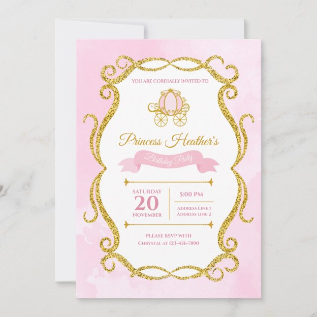 Invitation Imprimable Parties scintillant rose et or Princess (Devant)