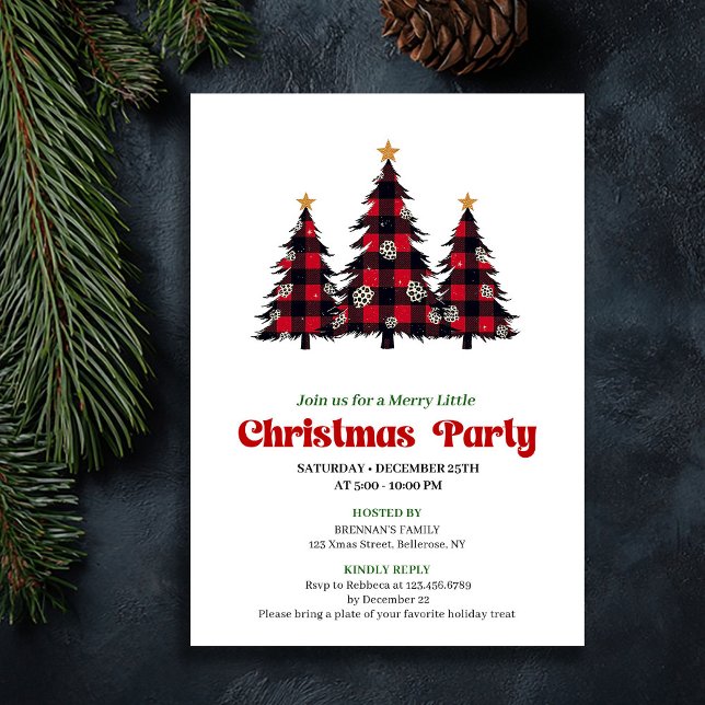 Invitation imprimable pour fête de Noël à carreaux (Classic Red Black Plaid Holiday Party Printable)