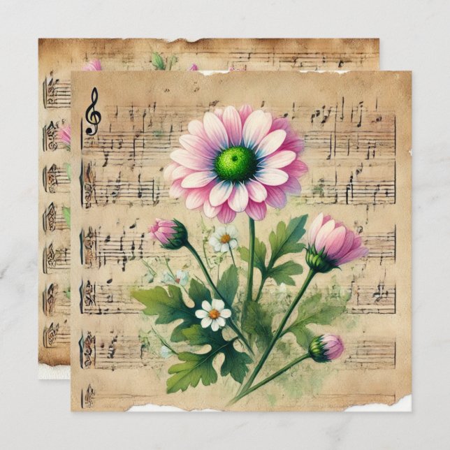 Invitation Imprimable Vintage rose et marguerites vertes (Devant / Derrière)