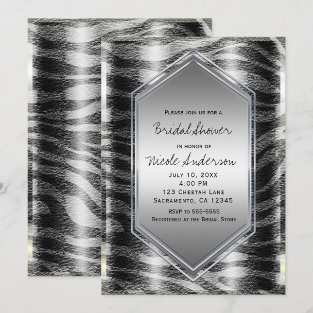 Invitation Imprimé animalier exotique zèbre argent noir pour  (Devant / Derrière)