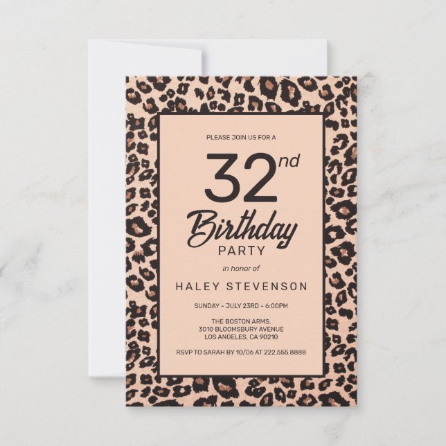 Invitation Imprimé Animalier Léopard Élégant 32e Anniversaire (Devant)