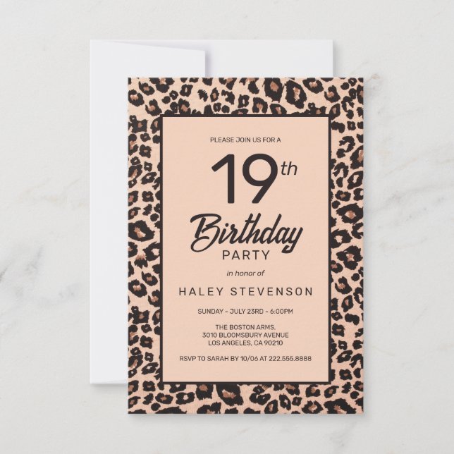 Invitation Imprimé Animalier Léopard Élégant Anniversaire 19  (Devant)
