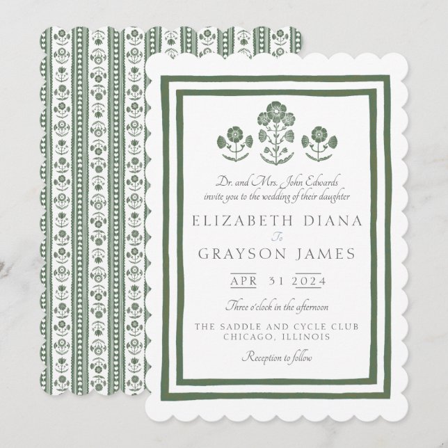 Invitation Imprimé Botanique Vert Herbeux pour Mariage (Devant / Derrière)