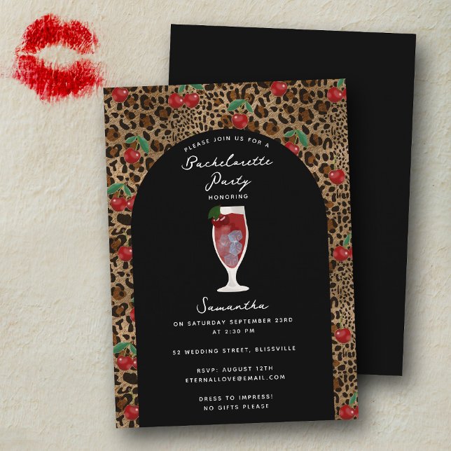 Invitation Imprimé de cocktail cerise guépard léopard Enterre (Leopard Cheetah Print Cherry Cocktail Bachelorette Invitation)