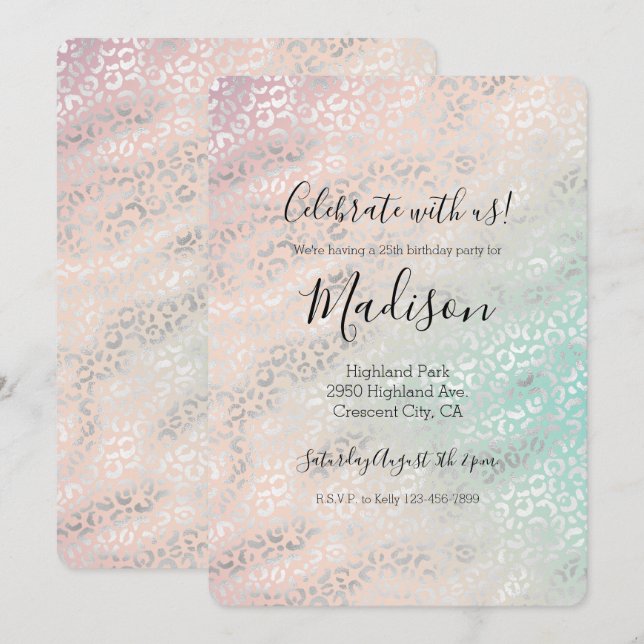 Invitation Imprimé léopard argent tie dye aqua pêche girly (Devant / Derrière)