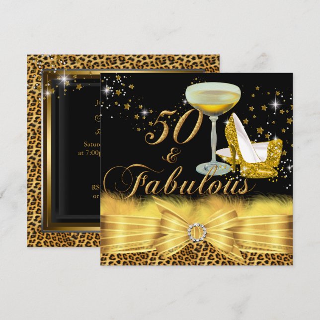 Invitation Imprimé léopard et talons dorés 50 ans et une fête (Devant / Derrière)