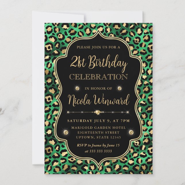 Invitation Imprimé léopard glamour or vert noir Anniversaire (Devant)