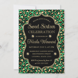 Invitation Imprimé léopard glamour or vert noir Sweet 16