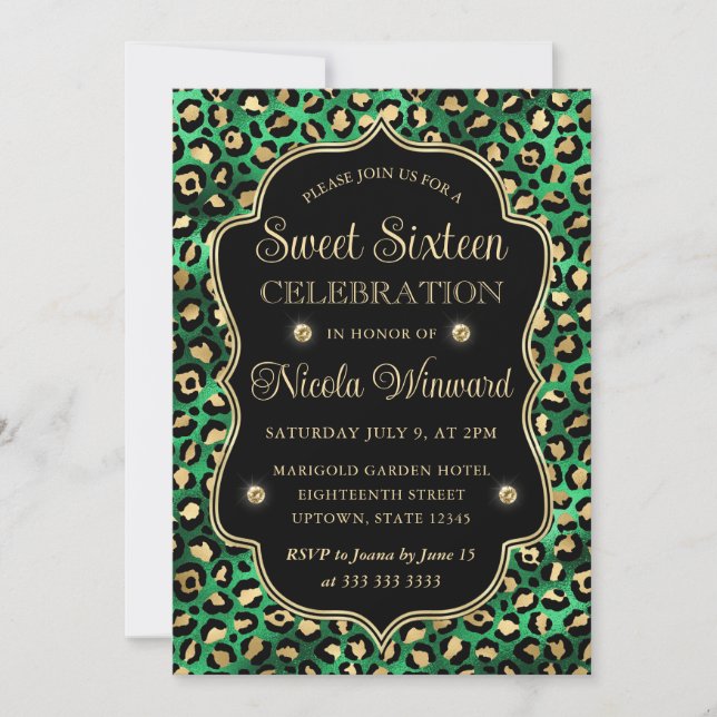 Invitation Imprimé léopard glamour or vert noir Sweet 16 (Devant)