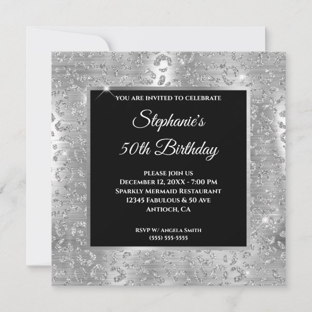 Invitation Imprimé léopard pailleté argent étincelant pour an (Devant)