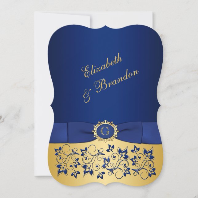 Invitation IMPRIMÉ RIBBON Bleu, Gold Floral Wedding Invitatio (Devant)