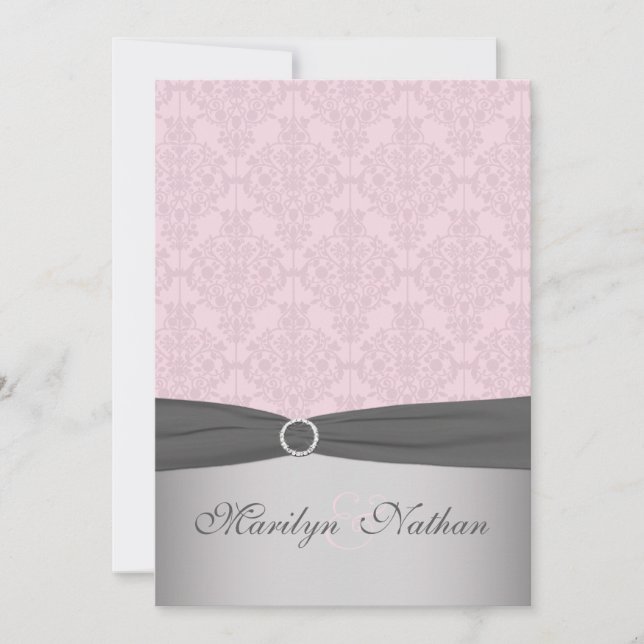 Invitation IMPRIMÉ RIBBON Gray, Pink Mariage damassé Invitati (Devant)