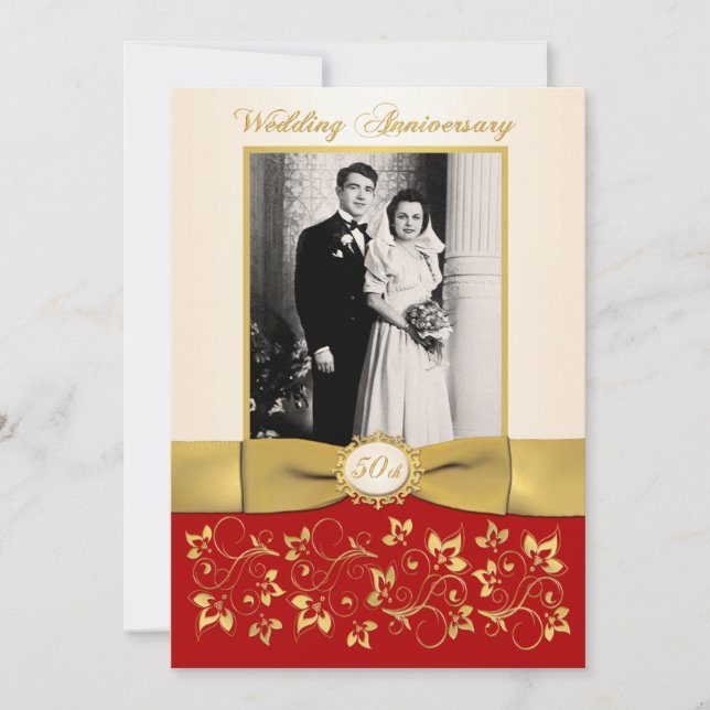 INVITATION IMPRIMÉ RIBBON Rouge, ivoire 50e annive (Devant)