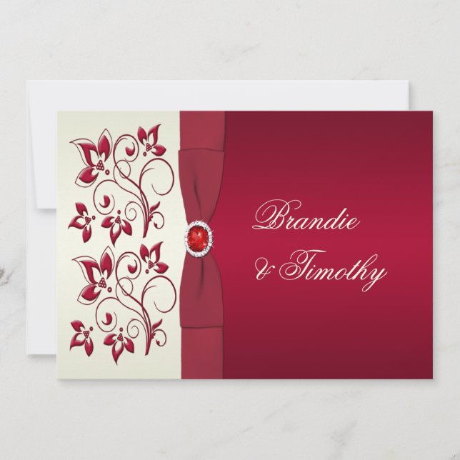 Invitation IMPRIMÉ RIBBON Rouge, ivoire Floral Mariage Invit (Devant)