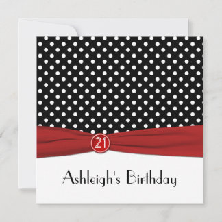 Invitation IMPRIMÉ RIBBON Rouge Noir Pois 21e anniversaire