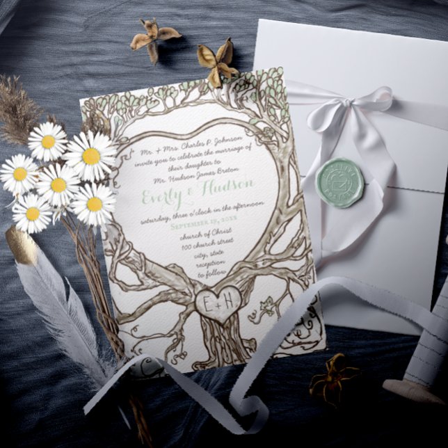 Invitation Imprimé sur les deux côtés Green Boho Heart Formé (Créateur téléchargé)