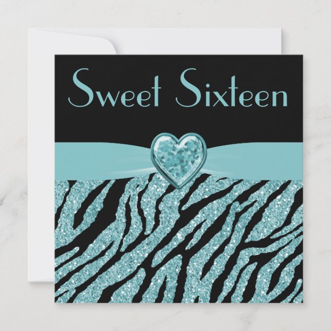 Invitation Imprimé Turquoise Heart & Zebra Parties scintillan (Devant)
