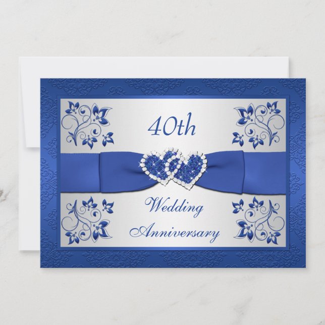 Invitation IMPRIMÉE RIBBON Bleu Argent Floral 40e Anniversair (Devant)