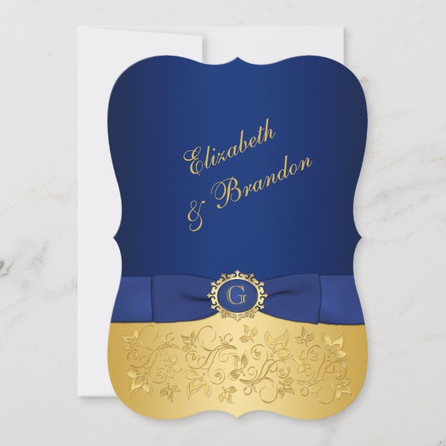 Invitation IMPRIMÉE RIBBON Bleu, Gold Floral Wedding Invitati (Devant)