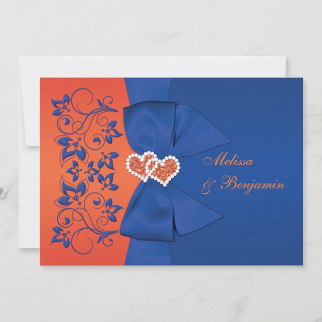 Invitation IMPRIMÉE RIBBON Bleu, Orange Floral Wedding Invita (Devant)
