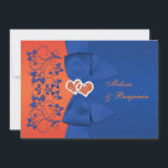 Invitation IMPRIMÉE RIBBON Bleu, Orange Floral Wedding Invita<br><div class="desc">Ce faire-part de mariage à fleurs royal bleu et orange élégant et romantique a un ruban et un arc IMPRIMÉ avec une paire de bijoux en diamant IMPRIMÉS et la parties scintillant FAUX joint le coeur sur lui. ****VEUILLEZ NOTER qu'il n'y a pas d'éléments surélevés/gaufrés sur cette carte. Zazzle ne...</div>
