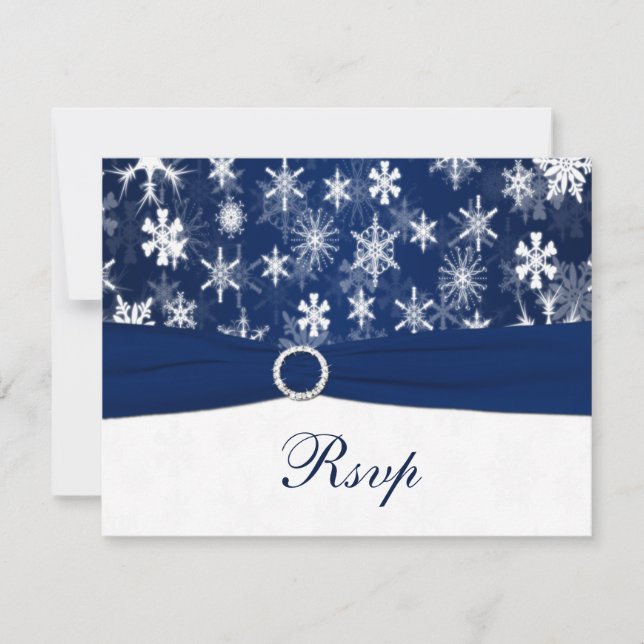 Invitation IMPRIMÉE RIBBON Marine Bleu, Snowflakes blancs RSV (Devant)