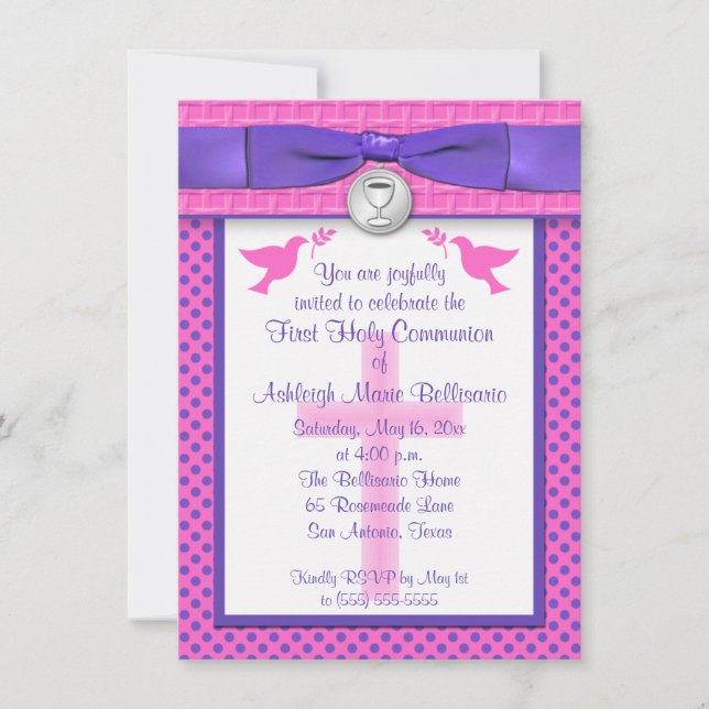 Invitation IMPRIMÉE RIBBON Première communion sainte Invitati (Devant)